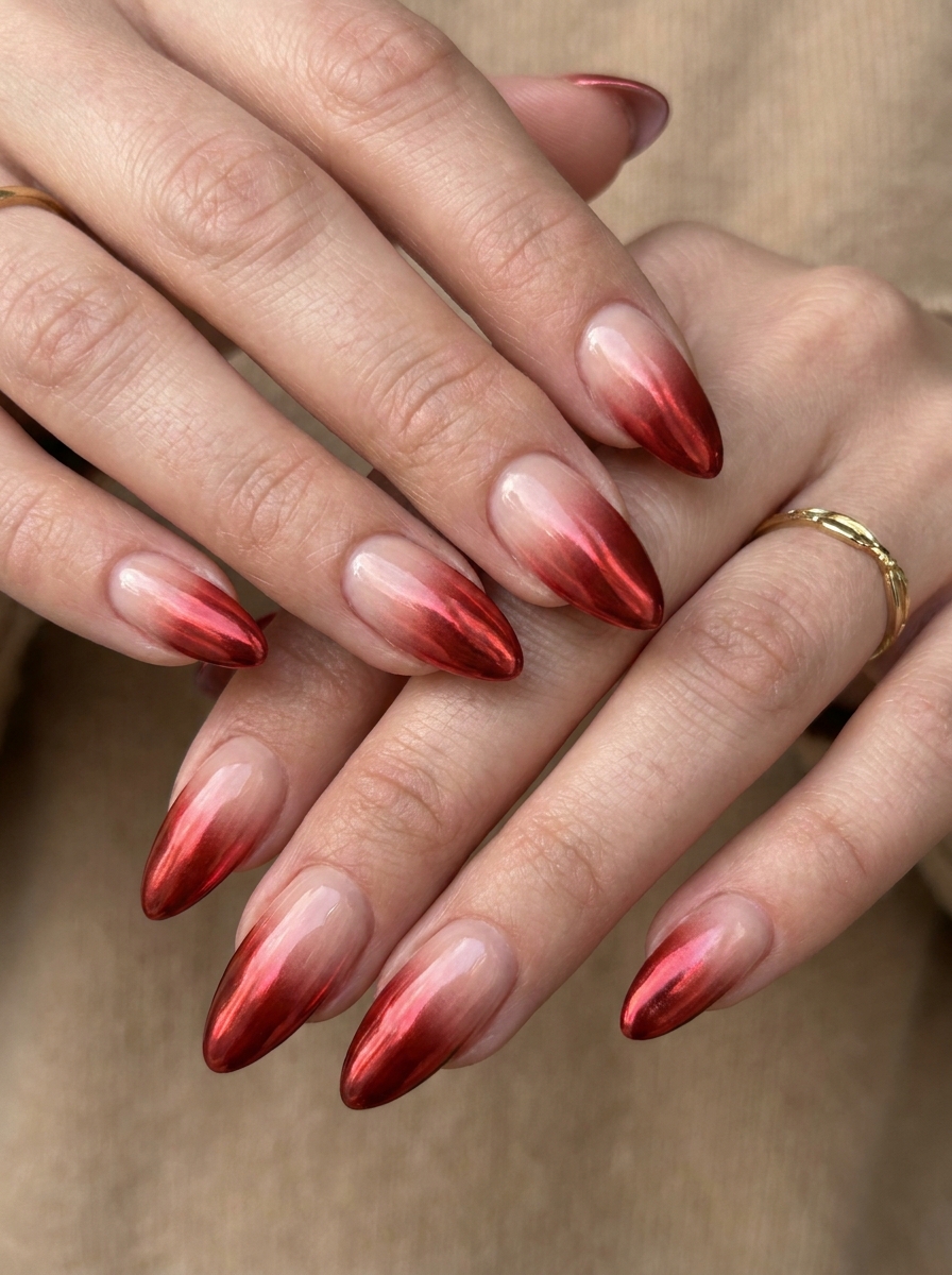 Red Chrome Ombre Nails mit Verlauf zu rotem Chrome